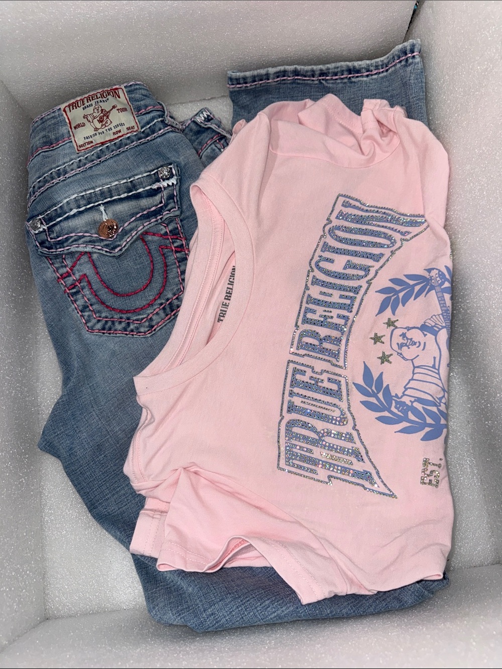 True Religion Pink Logo Short Sleeve Tee and jeans